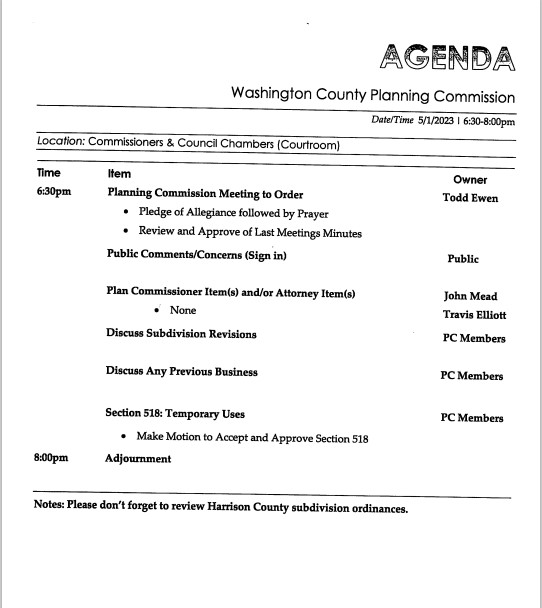 Washington County Zoning Meeting 1 May 2023